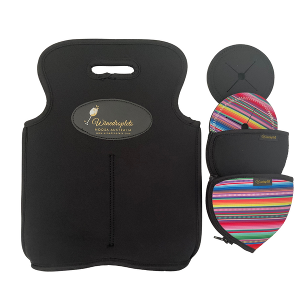 * Wine Bottle Bag, Coasters, Wine Glass Holder Set- Black